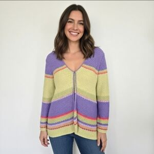 First Issue By Liz Claiborne Pastel Striped Knit Cardigan Sweater Size L
